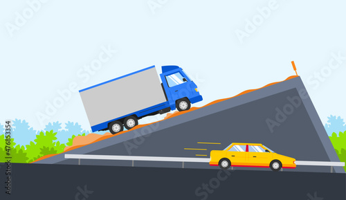 The truck had a faulty brake. Emergency lane for trucks whose brakes fail on the mountain. vector illustration photo