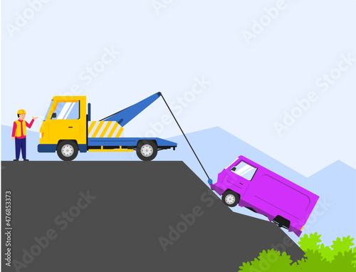 Tow truck pull vehicle that crashed into a ravine. accident