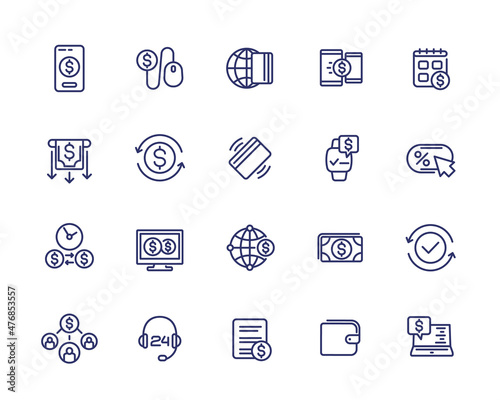 Payments, online banking and money transfers line icons set