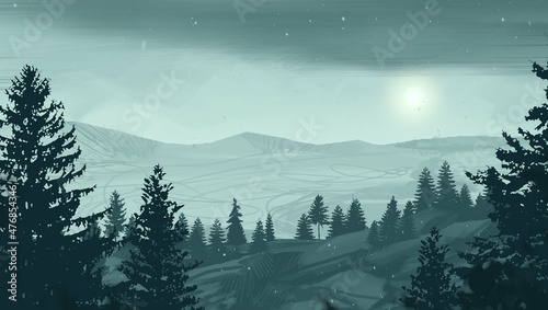 Empty rural landscape illustration. Canadian wilderness. Pine forest and snow.