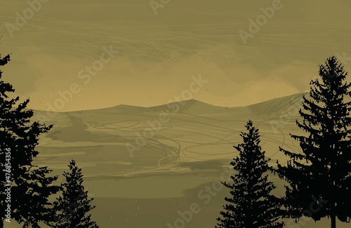 Empty rural landscape illustration. Canadian wilderness. Pine forest and snow.