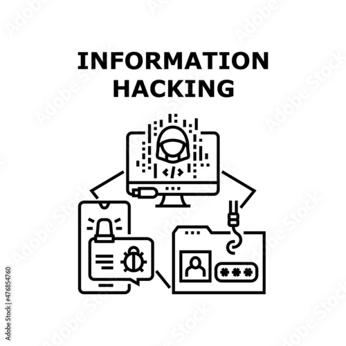 Information hacking cyber computer. Steal secure. Crime thief. Personal digital internet criminal vector concept black illustration