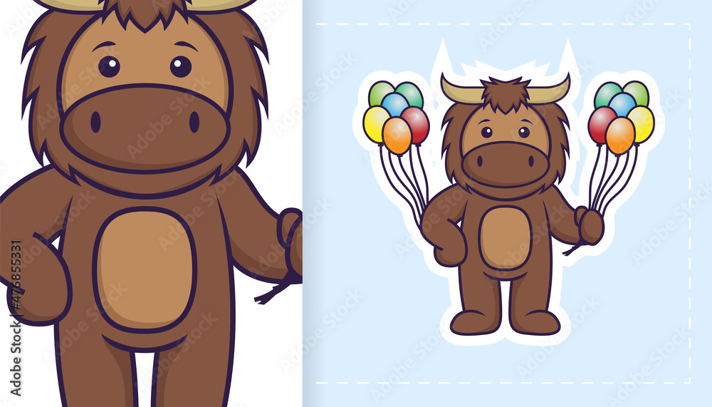 Fototapeta premium Cute bull mascot character. Can be used on stickers, patches, textiles, paper, cloth and others.