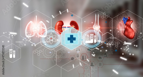 Background with medical symbols and human organs as a concept of health and well-being. Medical future technology and innovative concept.
