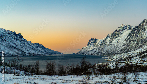 Norwegian Fjord with snowy mountains and a "Sunset" during Polar Night - Landscape Photography