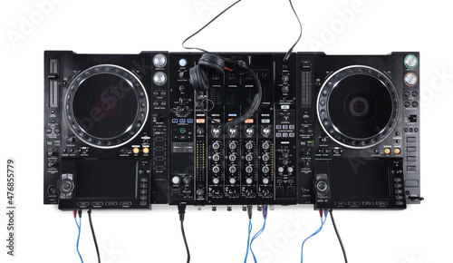 Photos Modern DJ controller on white background, top view