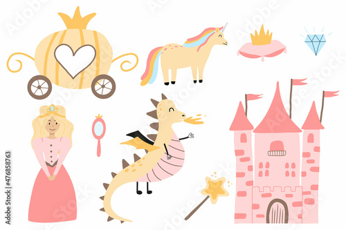 Princess Set. Fairy kingdom , unicorn, dragon, castles, carriage. Vector illustration in cartoon scandinavian style. Perfect for invitations, cards textile prints