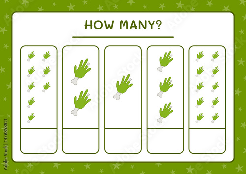 How many Zombie Hand, game for children. Vector illustration, printable worksheet
