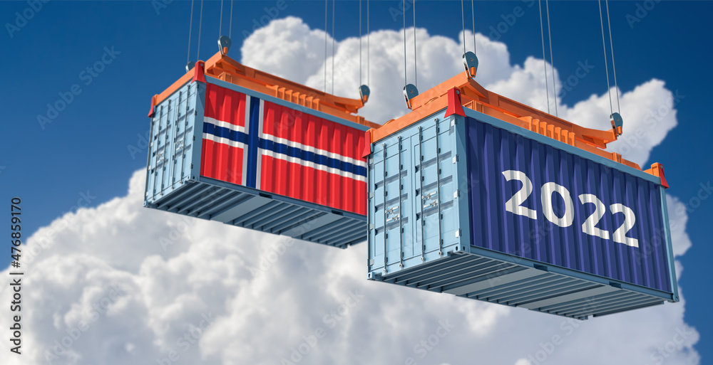 Trading 2022. Freight container with Norway flag. 3D Rendering 