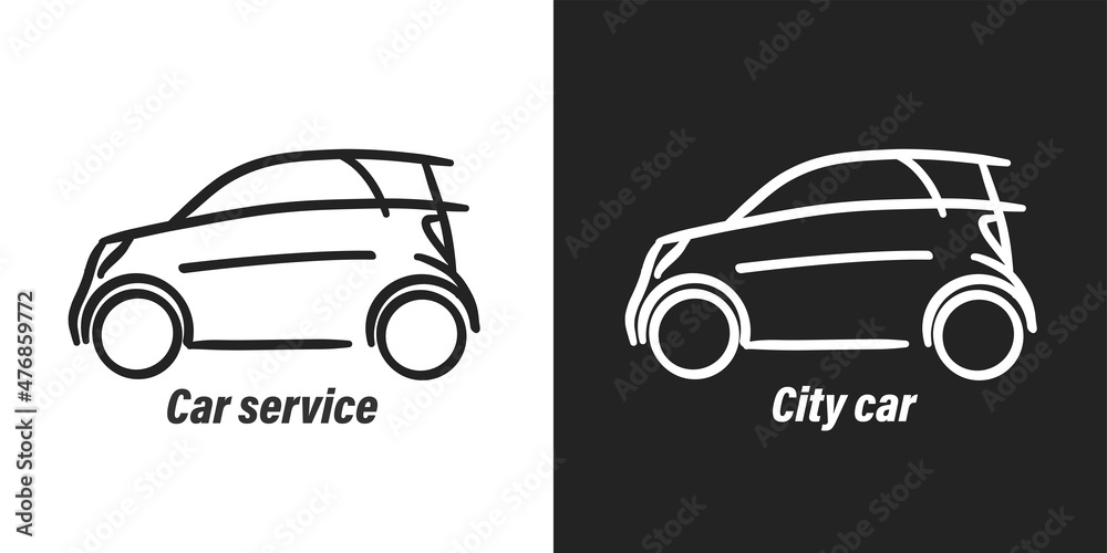 Black and white compact city car linear icon illustrations