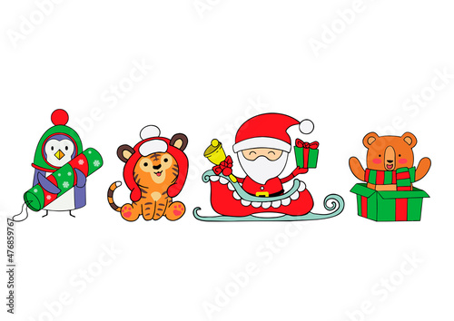 New Year vector illustration in flat style. Santa claus with tiger, penguin and bear hand drawn style. For decorating holiday gifts, invitations and greeting cards for Christmas and New Years.