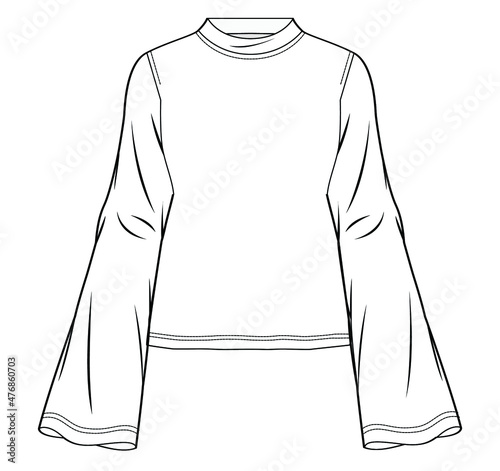 womens mock neck long flare sleeve t shirt fashion flat sketch vector illustration template. CAD mockup