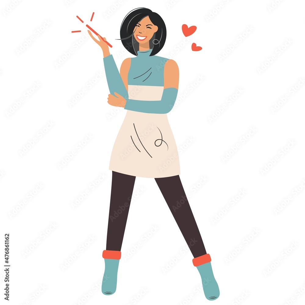 Happy girl speaks by mobile phone. Modern positive young woman with the phone is having a love conversation. The idea of positive communication. Isolated flat vector for Valentine's Day. Happy girl speaks by mobile phone. Modern positive young woman with the phone is having a love conversation. The idea of positive communication. Isolated flat vector for Valentine's Day.