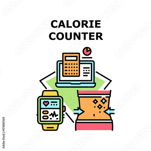 Calorie counter food app. Mobile nutrition. Healthy kcal. Hot energy. Diet label sticker. Calorie counter vector concept color illustration