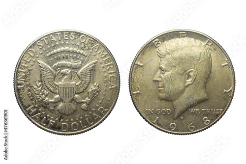 Photography Both sides of an old US half dollar  isolated on a white background