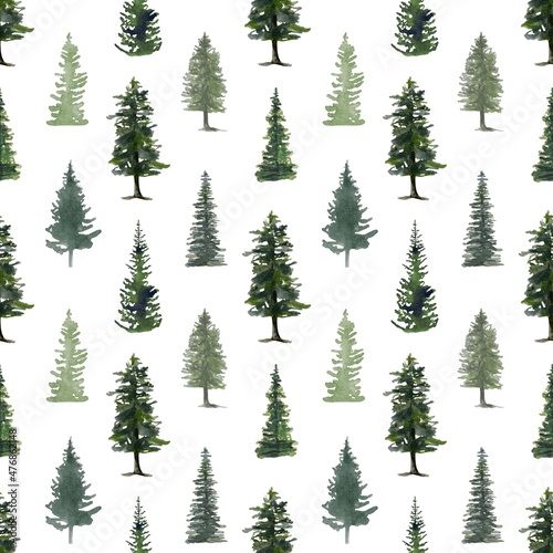 Watercolor seamless pattern with green pine trees, forest, wood