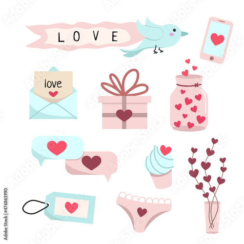 Set of illustrations Valentine's Day. Vector images of smartphone, heart, birdie, tape, kesk, messages, panties, decor in a bank.
