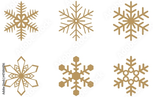 Goldene frostige abstrakte Schneeflocken Symbol set auf einem weissen Hintergrund. Gold Schneeflocken Icons als Vektor.