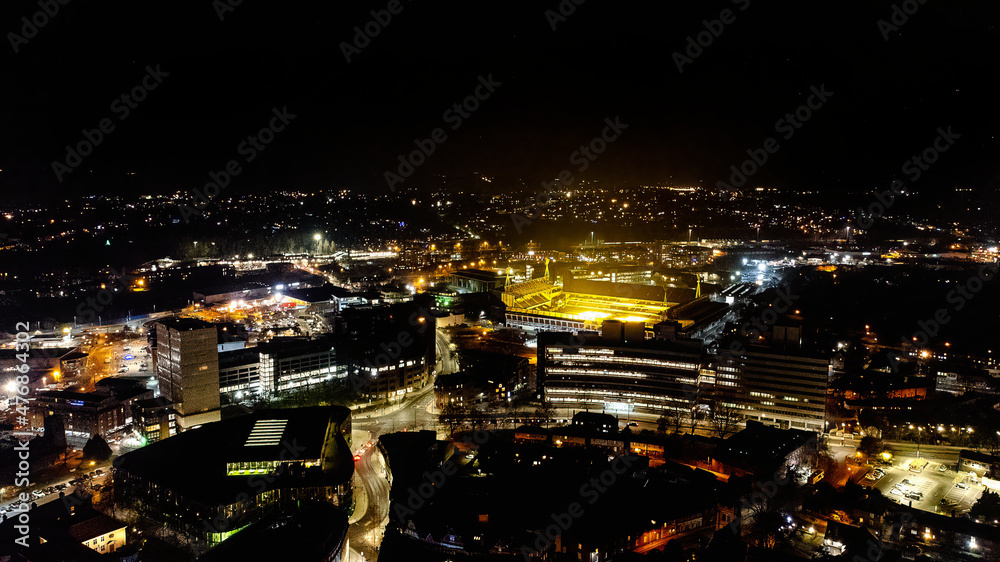 An aerial view of the centre of Ipswich at night in Suffolk, UK