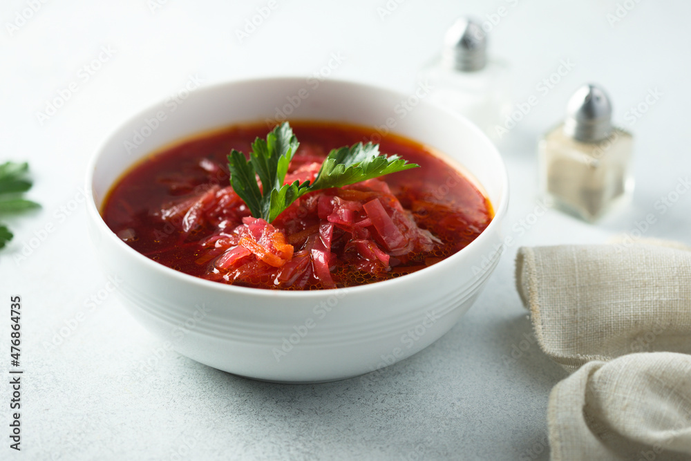 Traditional homemade beetroot soup with fresh parsley