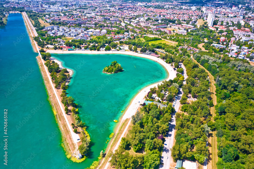 Jarun lake. Aerial view of beaches of Jarun lake in city of Zagreb