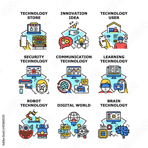 Technology network tech set. Communication, cyber privacy. school training, future. artificial. mind solution. user digital control. tore shop vector concept color illustration