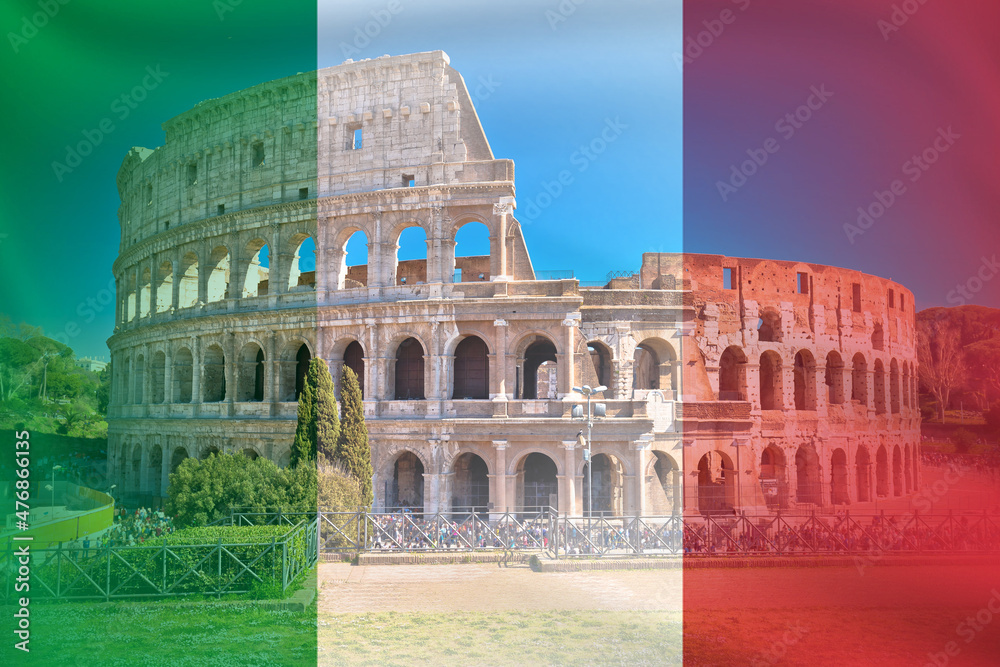 Colosseum of Rome scenic view on Italian flag colors