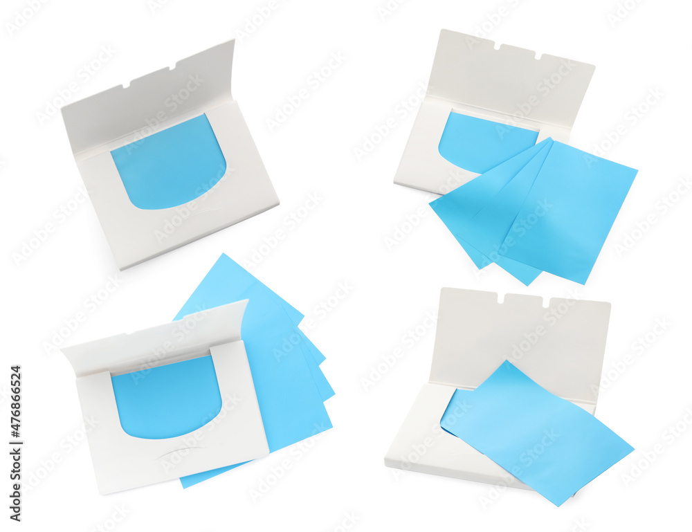 Set with facial oil blotting tissues on white background. Mattifying wipes Set with facial oil blotting tissues on white background. Mattifying wipes