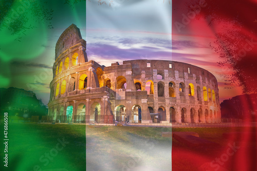Colosseum of Rome dawn view on Italian flag overlay