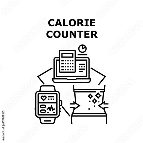 Calorie counter food app. Mobile nutrition. Healthy kcal. Hot energy. Diet label sticker. Calorie counter vector concept black illustration