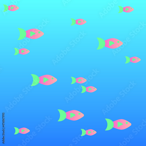 Gradient Background Pink Fish in the Blue Sea. Underwater world. A lot of small fish. Vector gradient background.