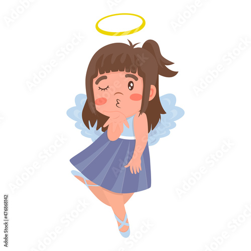 Little cute angel girl in blue dress blowing a kiss in cartoon style