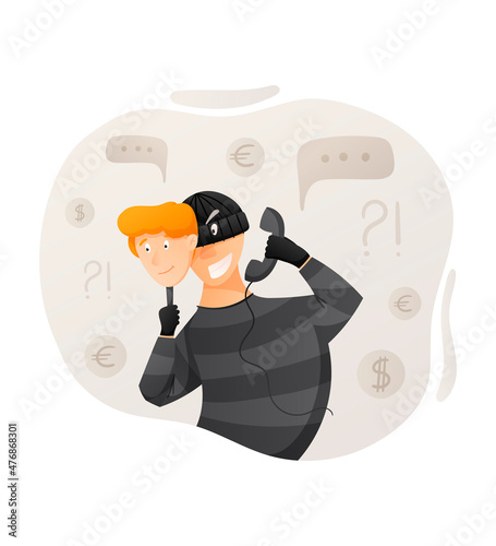 Vector cartoon isolated illustration of calling sly male scammer wearing balaclava. Online or phone fraud, cybercrime concept.