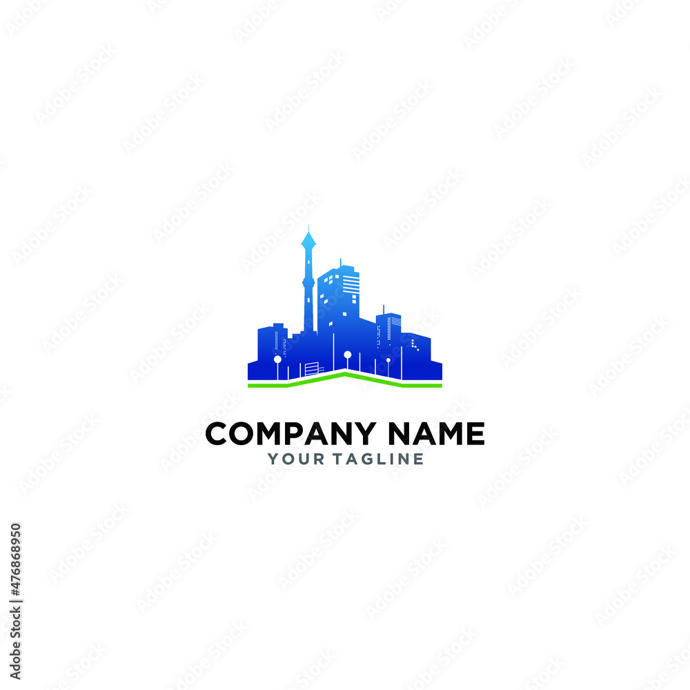 The concept logo of several buildings in the middle of the city with a tower and elegant colors, perfect for your company icon