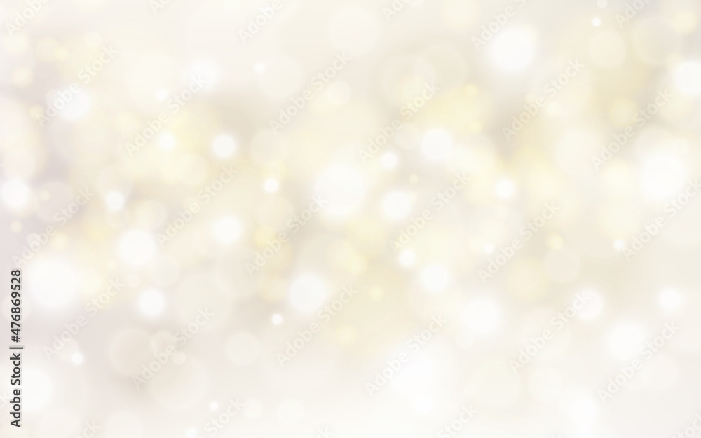Light bokeh background. Gold blurry texture with flares. Defocused shiny light. Soft abstract blur backdrop. Festive unfocused template with silver bokeh. Vector illustration