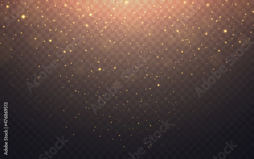 Glitter gold background. Bright shiny particles. Magic powder effect. Festive golden dust. Light sparks for greeting card or poster. Glowing rain texture. Vector illustration