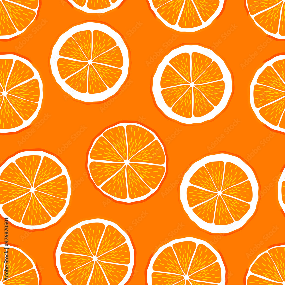 Orange summer pattern. Seamless vector with slice of citrus fruits. Juicy, sour fruits lemonade. For cocktail, orange juice print.