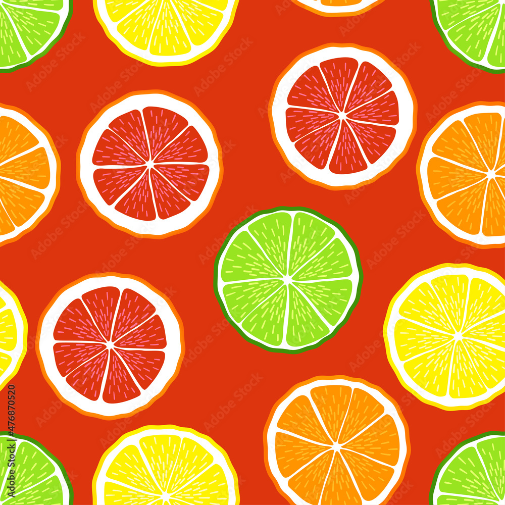 Obraz premium Orange, grapefruit, lemon, lime summer pattern. Seamless vector with slice of citrus fruits with red background. Juicy, sour fruits. For cocktail, print.