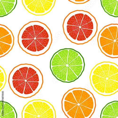Orange, grapefruit, lemon, lime summer pattern. Seamless vector with slice of citrus fruits. Juicy, sour fruits. For cocktail, print.