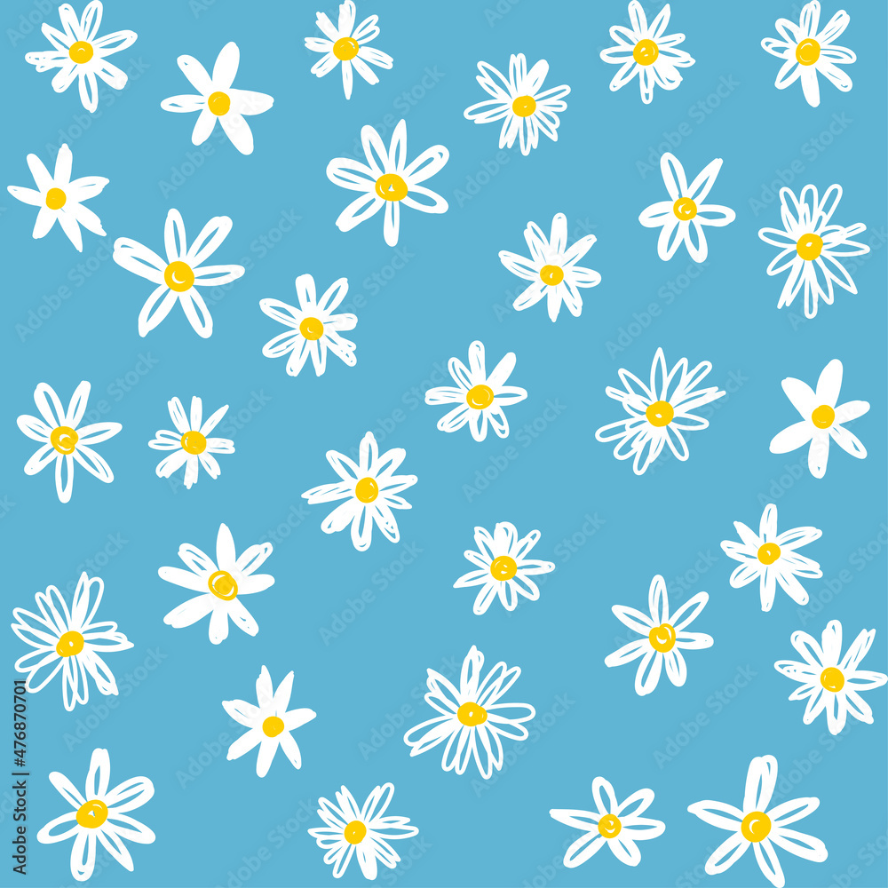 Chamomile floral pattern in small white flowers. Floral seamless background of daisy for fashion prints. Seamless vector texture. Spring bouquet in sketch style on blue. Chamomile floral pattern in small white flowers. Floral seamless background of daisy for fashion prints. Seamless vector texture. Spring bouquet in sketch style on blue.