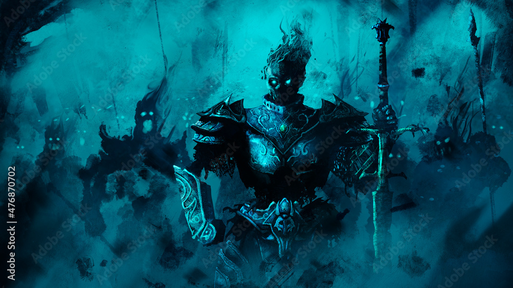 A death knight in armor and with a sword leads the forces of the undead to battle. Behind him are sinister spirits and ghosts, thirsty for the blood of living people. 2D illustration  - obrazy, fototapety, plakaty 