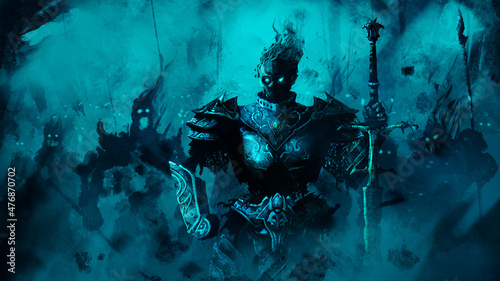 A death knight in armor and with a sword leads the forces of the undead to battle. Behind him are sinister spirits and ghosts, thirsty for the blood of living people. 2D illustration 
