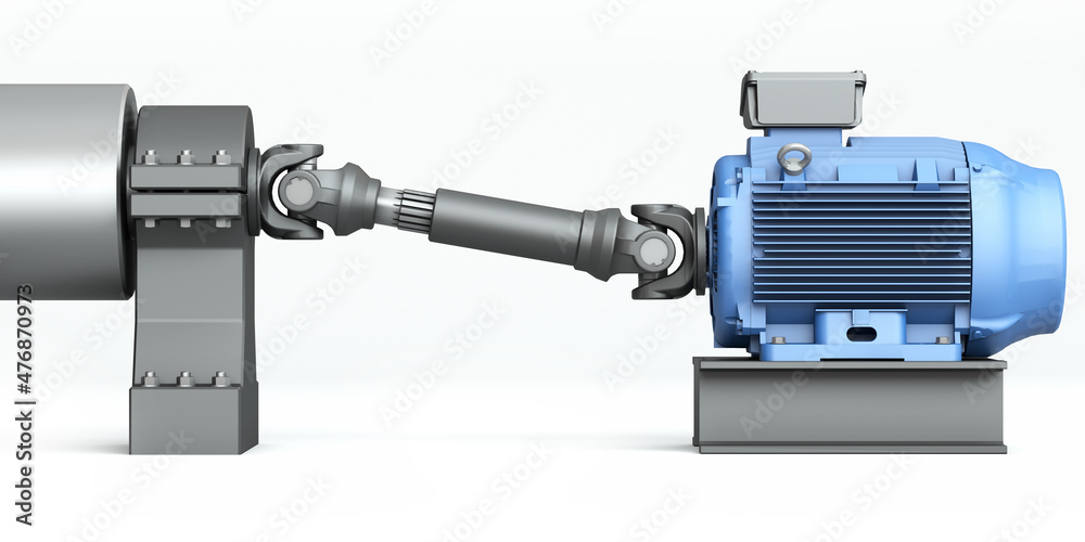 Transmission of torque through the cardan shaft. The electric motor turns the rotor. Side view on a white background. 3d illustration Transmission of torque through the cardan shaft. The electric motor turns the rotor. Side view on a white background. 3d illustration