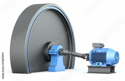 Heavy flywheel connected to the electric motor via a cardan shaft. Storage of kinetic energy. Rotation of the rotor. Isolated flywheel on a white background. 3d render