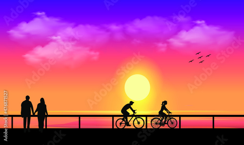 illustration vector graphic of people are enjoying the beautiful sunset in the afternoon