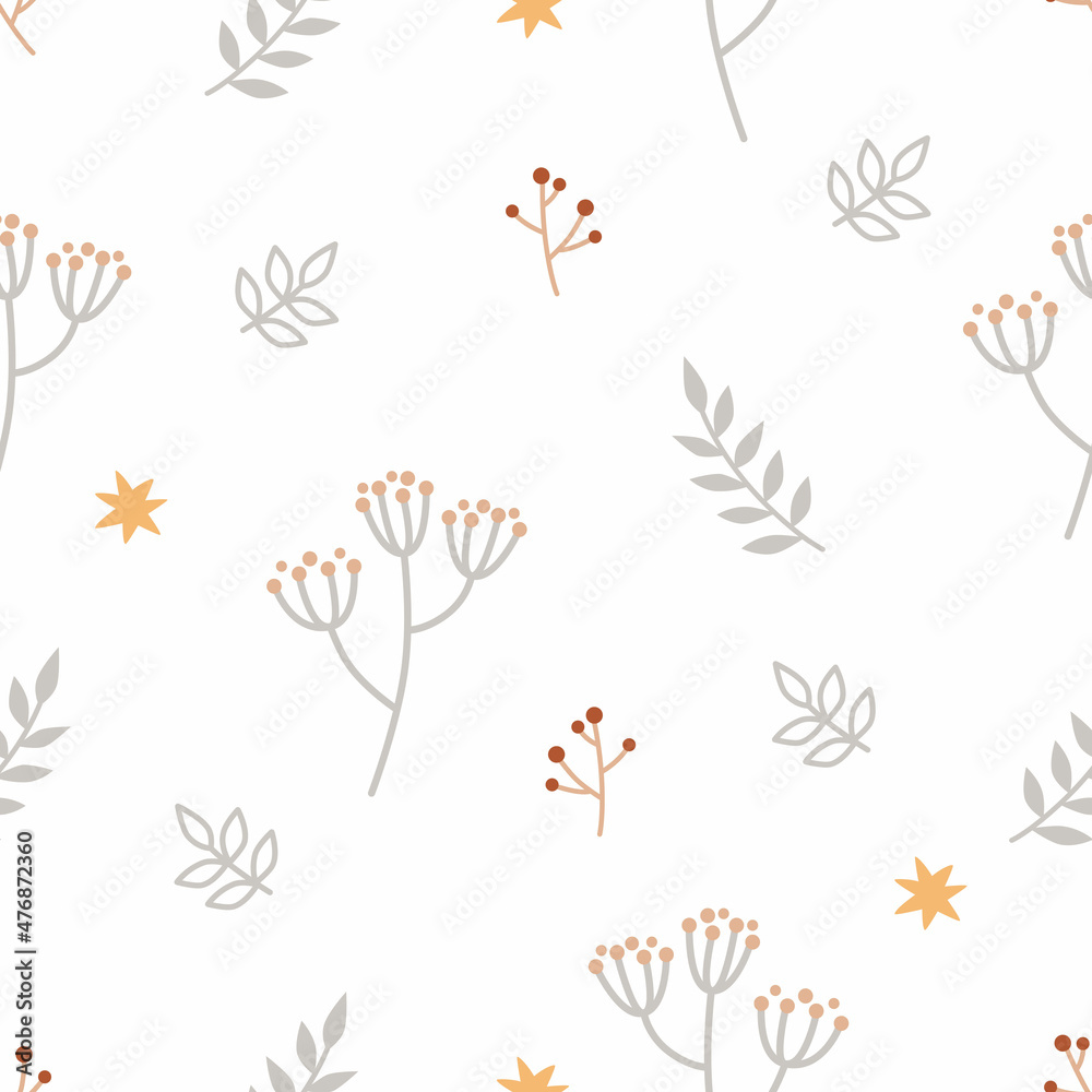 Seamless floral pattern with cute stars, branches, and leaves. Childish print for nursery in a Scandinavian style for baby clothes, interior, packaging. Vector cartoon illustration in pastel colors.