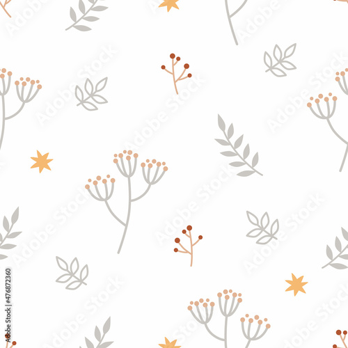 Seamless floral pattern with cute stars  branches  and leaves. Childish print for nursery in a Scandinavian style for baby clothes  interior  packaging. Vector cartoon illustration in pastel colors.