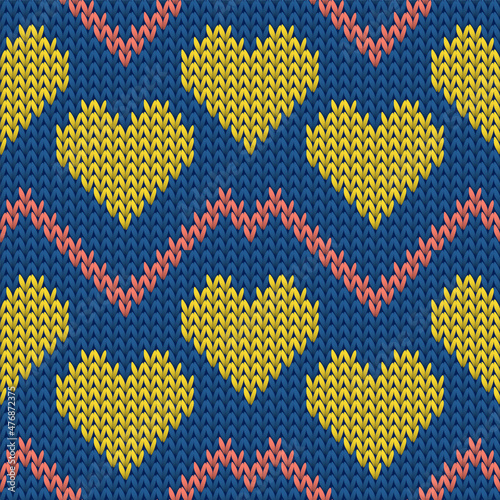 Hygge heart knit scandinavian vector seamless pattern. Knitwear texture valentine