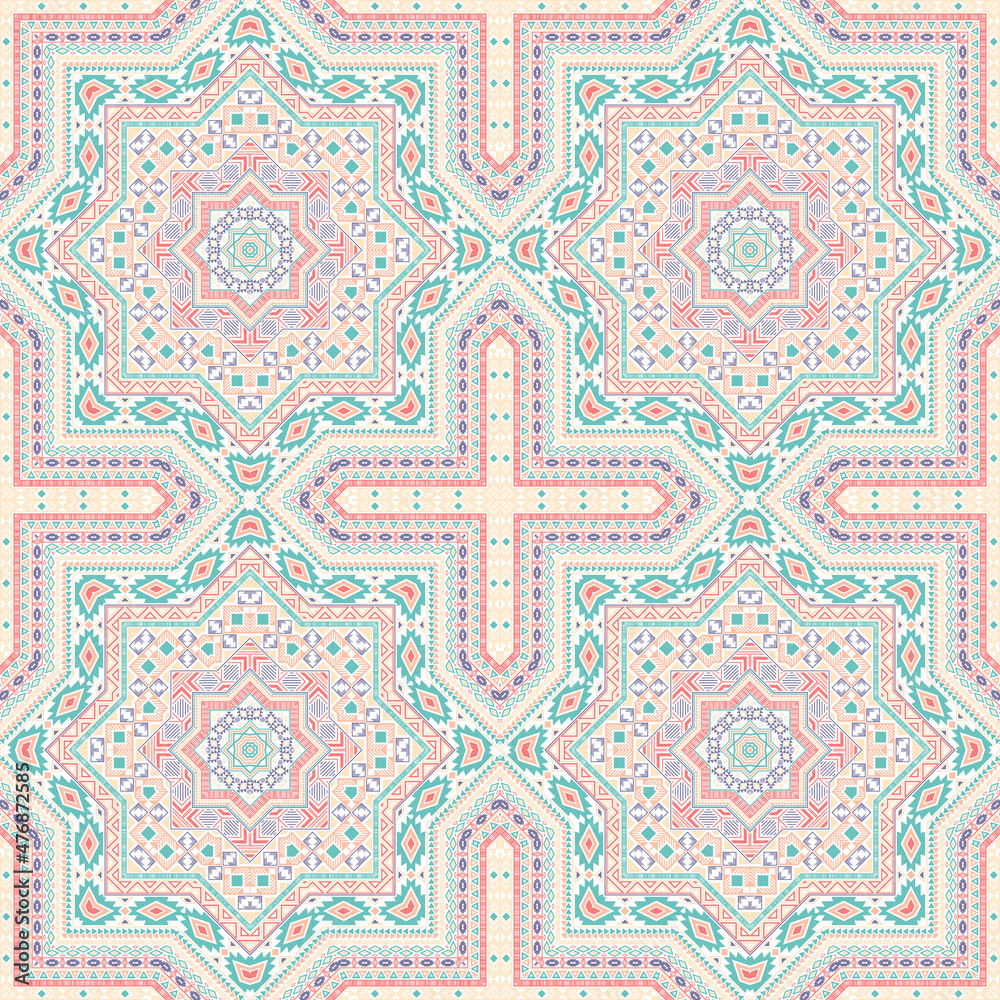 Linear victorian majolica tile seamless pattern. Ethnic structure vector motif. Fabric print design. Stylized spanish mayolica tilework repetitive pattern. Geometric shapes wallpaper.