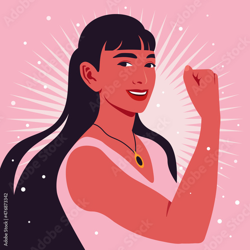 Portrait of a strong Hispanic woman in half-turn. Women’s rights and diversity. Avatar for social media. Vector illustration in flat style.